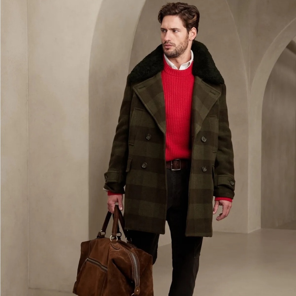 BANANA REPUBLIC IVAR PLAID PEACOAT XL Green Black Olive 477240